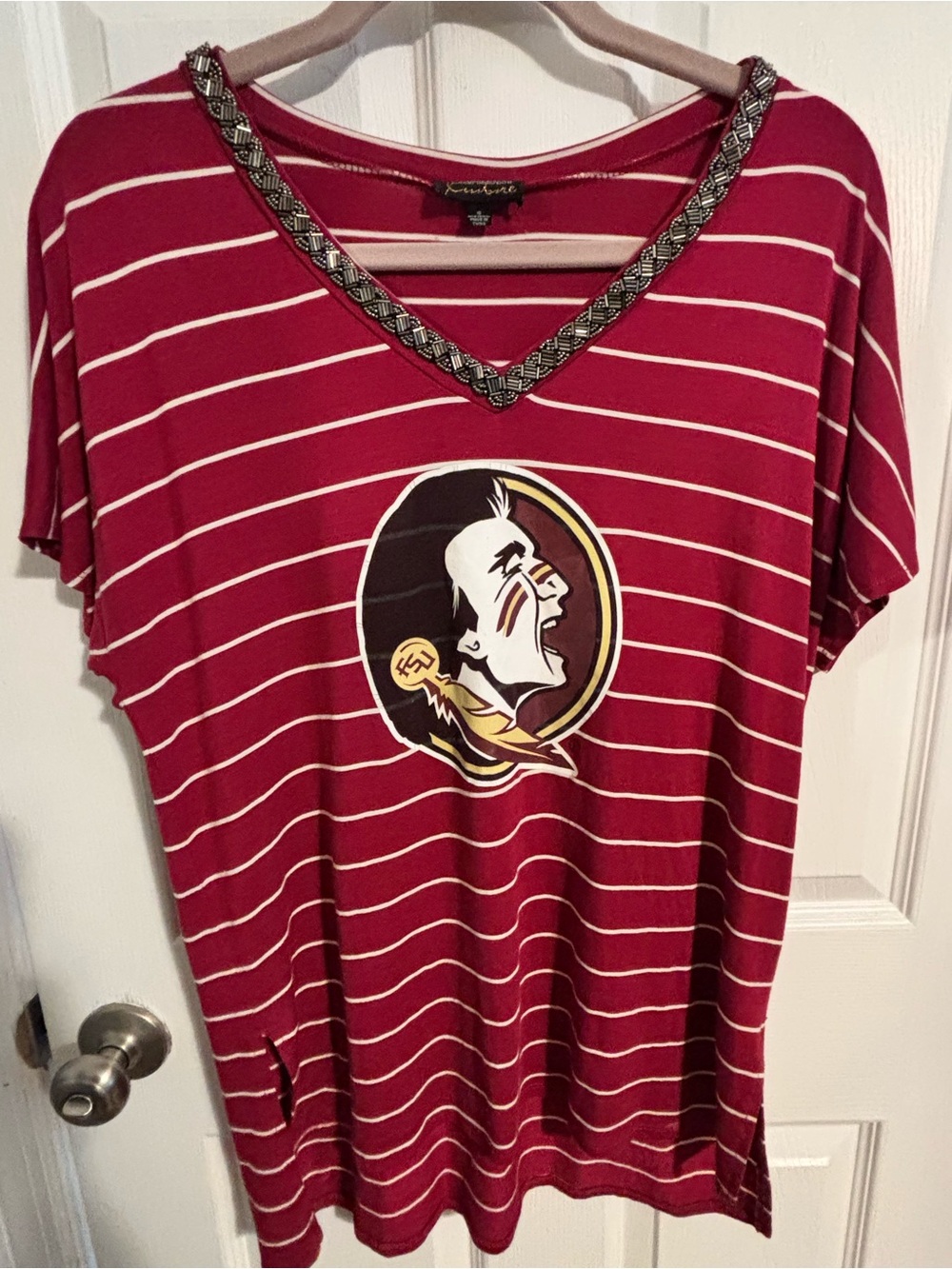 😍FSU Garnet and White Striped V-Neck Tee with Embellished Trim- Small / Med